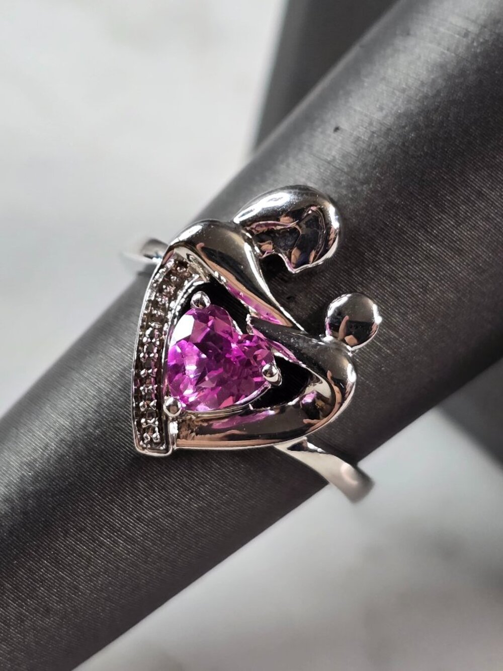 Womens Vintage Estate Sterling Silver Mother Child Heart Ring 3.9g E829